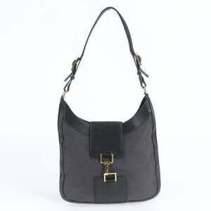 Gucci 001 4129 Leather Canvas One-Shoulder Bag Handbag Black Women's